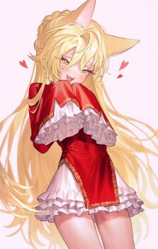 1girl animal_ears blonde_hair blush china_dress chinese_clothes dress fangs fox_ears frilled_skirt frilled_sleeves frills fymrie hair_between_eyes highres long_hair long_sleeves looking_at_viewer open_mouth original red_dress simple_background skirt sleeves_past_wrists smile solo yellow_eyes