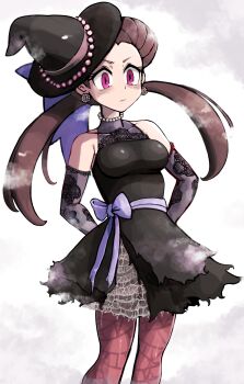 1girl bead_necklace beads bow breasts brown_hair closed_mouth collarbone commentary_request dress earrings elbow_gloves eyelashes gloves haloh hat highres jewelry long_hair necklace nintendo official_alternate_costume pantyhose pokemon pokemon_masters_ex purple_eyes roxanne_(fall_2023)_(pokemon) roxanne_(pokemon) sleeveless sleeveless_dress solo tilted_headwear twintails witch_hat