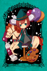 Rule 34 | 1girl, balloon, black border, blush, border, cerika, coat, eyelashes, green coat, green eyes, green hat, hat, highres, holding, holding paintbrush, looking at viewer, original, paint tube, paintbrush, palette (object), red hair, short hair, sidesaddle, smile, solo, split mouth, toy horse, watch, witch hat