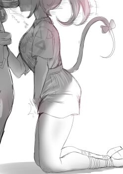 1boy 1girl bow breasts commentary english_commentary fellatio female_masturbation fingering fingering_through_clothes floral_print_shirt hakos_baelz head_out_of_frame hetero highres hololive hololive_english kneeling lineart long_hair masturbation medium_breasts monochrome mouse_girl mouse_tail official_alternate_costume oral penis redi_(rasec_asdjh) shirt_tucked_in shorts solo_focus tail tail_bow tail_ornament testicles through_clothes virtual_youtuber