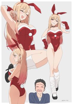 >_< 1boy 1girl absurdres animal_ears ass bare_shoulders blonde_hair blush breasts bridal_gauntlets christmas cleavage commentary_request cowboy_shot crossed_arms eyelashes fake_animal_ears fake_tail full_body gojou_wakana gradient_hair highres kitagawa_marin large_breasts leotard long_hair multicolored_hair multiple_views pink_hair playboy_bunny pu-chin rabbit_ears rabbit_tail red_bridal_gauntlets red_eyes red_leotard santa_costume simple_background sono_bisque_doll_wa_koi_wo_suru strapless strapless_leotard tail v white_background