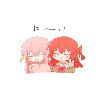 2girls :d ^_^ blush bocchi_the_rock! bow bowtie brown_sweater chibi chibi_only closed_eyes commentary_request cropped_torso cube_hair_ornament flying_sweatdrops gotoh_hitori hair_ornament hand_up jacket kita_ikuyo long_hair long_sleeves multiple_girls one_side_up open_mouth pink_hair pink_jacket rebecca_(keinelove) red_bow red_bowtie red_hair sailor_collar school_uniform shuka_high_school_uniform simple_background smile sweater track_jacket translation_request v white_background white_sailor_collar