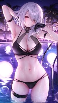 1girl air_bubble arm_behind_head arm_strap armpits belt bikini black_bikini black_gloves blush breasts bubble cleavage eyes_visible_through_hair gloves grey_hair hair_over_one_eye highres large_breasts lenne_(oyuwari) long_hair looking_at_viewer navel night original outdoors oyuwari parted_lips red_eyes sky solo standing stomach swimsuit thigh_belt thigh_strap water wet