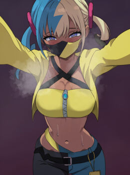 1girl arms_up belt black_belt black_pants blonde_hair blue_eyes blue_hair blue_pants blush breasts canari_(pokemon) cleavage crop_top cropped_jacket dark-skinned_female dark_skin ingxerl jacket large_breasts looking_at_viewer mask midriff mouth_mask multicolored_hair navel nintendo open_clothes open_jacket pants pokemon pokemon_legends:_z-a purple_background simple_background solo split-color_hair stomach sweat twintails two-tone_hair two-tone_pants yellow_jacket zipper_pull_tab