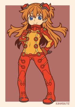 1girl artist_request blue_eyes bodysuit breasts brown_hair chibi covered_navel evangelion:_2.0_you_can_(not)_advance long_hair looking_at_viewer mecha_pilot_suit neon_genesis_evangelion plugsuit_(evangelion) rebuild_of_evangelion red_bodysuit simple_background smile solo souryuu_asuka_langley standing test_plugsuit_(evangelion) wide_hips