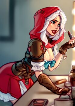 applying_makeup ashe_(overwatch) blouse blue_eyes blushyspicy breasts cleavage corset cosmetics cosplay eyelashes frilled_skirt frills large_breasts lips lipstick lipstick_tube little_red_riding_hood_(grimm)_(cosplay) long_hair makeup mascara overwatch red_hood scar shirt skirt white_hair