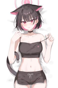 1girl alternate_costume animal_ears bed_sheet black_choker black_hair black_shorts blue_archive blunt_bangs blunt_ends blush bob_cut breasts cat_choker cat_ears cat_girl cat_tail choker closed_mouth collarbone colored_inner_animal_ears colored_inner_hair commentary cowboy_shot crop_top dolphin_shorts extra_ears eyes_visible_through_hair hair_behind_ear hair_between_eyes hair_ornament hairclip halo hands_up highres hyuji_0w0 kazusa_(blue_archive) looking_at_viewer lying medium_breasts multicolored_hair navel on_back paw_print pink_hair pink_halo pulling_own_clothes red_eyes short_hair shorts simple_background solo spaghetti_strap stomach tail tail_around_arm tail_raised tsurime two-tone_hair undressing white_background