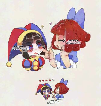 2girls ? artist_name asymmetrical_eyes asymmetrical_shirt blue_bow blue_dress blush blush_stickers bow brown_hair doll dress finger_gun finger_gun_to_head hat heart highres jester jester_cap jester_costume multiple_girls pomni_(the_amazing_digital_circus) ragatha_(the_amazing_digital_circus) red_hair simple_background stitched_arm stitches stuffed_toy sweat the_amazing_digital_circus twitter_username user_interface white_background yawaraka_meteor yuri