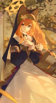 Rule 34 | 1girl, animal ear headwear, animal ears, black jacket, black veil, blue archive, blue eyes, blue neckerchief, braid, closed mouth, commentary request, dress, fake animal ears, flower, halo, highres, holding, holding flower, jacket, kji (rozo), long hair, mari (blue archive), neckerchief, nun, open clothes, open jacket, orange hair, sailor collar, single braid, smile, solo, veil, white dress, white flower, white sailor collar, yellow halo