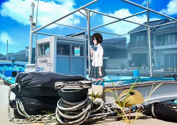 Rule 34 | 1girl, black hair, boat, bottle, brown eyes, buoy, cloud, day, female focus, holding, holding bottle, looking at viewer, original, outdoors, plaid clothes, plaid skirt, railing, sakeharasu, scenery, short hair, skirt, sky, sliding doors, solo, standing, water bottle, watercraft