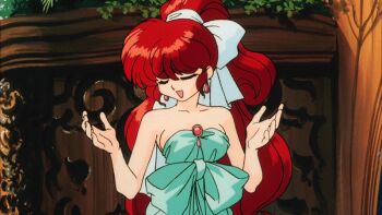 1girl alternate_costume alternate_hairstyle animated animated_gif anime_screenshot breasts cleavage closed_eyes collarbone dress high_ponytail long_hair official_alternate_costume official_alternate_hairstyle open_mouth ponytail ranma-chan ranma_1/2 ranma_1/2_kessen_tougenkyou!_hanayome_wo_torimodose! red_hair saotome_ranma smile very_long_hair