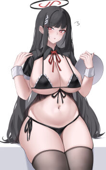 1girl absurdres apron bikini black_bikini black_hair black_pantyhose black_thighhighs blue_archive blush breasts bright_pupils commentary_request frilled_bikini frills front-tie_bikini_top front-tie_top hair_ornament hairclip halo highres holding holding_tray huge_breasts kaijiba long_hair looking_at_viewer maid maid_bikini pantyhose red_eyes rio_(blue_archive) side-tie_bikini_bottom simple_background sitting solo swimsuit thighhighs thighs tray unconventional_maid waist_apron white_background white_pupils wrist_cuffs
