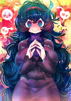 1girl @_@ ahoge arrow_(symbol) black_hair blue_eyes blush breasts cloth colored_sclera cowboy_shot curly_hair dress embarrassed facing_viewer fingers_touching fingertips_together gen_1_pokemon gen_7_pokemon gengar grin hairband hakkasame headband heart hex_maniac_(pokemon) hex_maniac_(pokemon_xy) huge_breasts large_breasts long_hair long_sleeves looking_at_viewer mimikyu multicolored_eyes nintendo orange_background pokemon pokemon_(creature) pokemon_xy purple_dress purple_eyes purple_sweater red_background red_sclera ribbed_sweater ringed_eyes smile spider_web_print spoken_heart straight-on sweat sweat_drops sweater tagme turtleneck turtleneck_sweater two-tone_background two-tone_eyes very_long_hair wavy_mouth wide-eyed