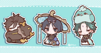 3boys anemo_symbol_(genshin_impact) animal animal_on_head animalization antenna_hair aqua_sleeves arms_at_sides bead_necklace beads belt black_belt black_bodysuit black_eyes black_gloves black_hair blue_cape blue_gemstone blue_hat blue_kimono blue_sleeves blunt_ends blush_stickers bodysuit bright_pupils brown_hair cape cat cat_on_head chibi closed_eyes closed_mouth cropped_torso crossed_arms curtained_hair eyeliner eyeshadow facial_mark facing_viewer forehead_mark gem genshin_impact gloves gold hair_between_eyes hair_intakes hat highres holding holding_stuffed_toy hoshizuki_chimama japanese_clothes jewelry jingasa juban kimono layered_sleeves looking_at_viewer makeup mandarin_collar multiple_boys necklace on_head open_clothes open_kimono outline parted_lips person_and_animalization red_eyeliner red_eyeshadow rex_lapis_(genshin_impact) scaramouche_(cat)_(genshin_impact) scaramouche_(genshin_impact) shirt short_sleeves shoulder_peek single_sleeve sleeping stuffed_animal stuffed_toy twitter_username wanderer_(genshin_impact) white_kimono white_outline white_pupils white_shirt white_sleeves white_trim wispy_bangs xiao_(bird)_(genshin_impact) xiao_(genshin_impact) zhongli_(genshin_impact)