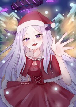 1girl black_halo blue_archive breasts christmas commentary_request demon_girl demon_horns halo hat highres hina_(blue_archive) horns long_hair looking_at_viewer open_mouth purple_eyes santa_costume santa_hat sirasu_mei small_breasts smile solo tree very_long_hair white_hair