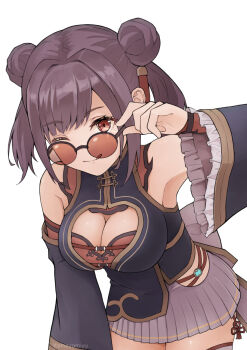 1girl ;q amayomiyu bare_shoulders black_dress black_thighhighs breasts brown_hair china_dress chinese_clothes cleavage cleavage_cutout closed_mouth clothing_cutout commentary cowboy_shot detached_sleeves double_bun dress flying_sweatdrops glasses glint grey_skirt hair_bun hair_intakes hair_ornament hair_ribbon hand_up heaven_burns_red large_breasts leaning_forward li_yingxia long_sleeves looking_at_viewer medium_hair miniskirt one_eye_closed orange_eyes pleated_skirt red_eyes ribbon round_eyewear short_dress sidelocks simple_background skirt sleeveless sleeveless_dress smile solo sunglasses thighhighs tongue tongue_out twitter_username two_side_up white_background white_thighhighs wide_sleeves zettai_ryouiki