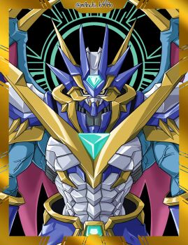 Rule 34 | 1boy, black background, digimon, digimon (creature), dragon, forehead jewel, gold border, highres, male focus, manchi kansuke, solo, twitter username, ulforcev-dramon, ulforcev-dramon x-antibody, upper body, yellow eyes