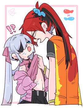 !? 2boys :o angry armpit_crease atopi_(op_na_yarou) bare_shoulders black_choker black_hair black_panties black_shirt black_skirt blue_eyes blue_hair blue_scrunchie blush bow bracelet cardigan choker clothes_grab collared_shirt colored_tips commentary cowboy_shot crossdressing crossdressing_(mtf) double-parted_bangs drooling earclip earrings eyepatch fang fish flipped_hair frilled_shirt_collar frills from_side hair_between_eyes hair_bow hair_intakes hair_ornament hair_scrunchie highres jacket jewelry lifting_another&#039;s_clothes long_hair long_sleeves looking_at_another male_focus multicolored_hair multicolored_jacket multiple_boys narrowed_eyes navel navel_piercing no_nose no_pupils off_shoulder one_eye_covered one_side_up op_na_yarou open_cardigan open_clothes open_mouth orange_jacket original panties panty_straps piercing pink_bow pink_cardigan pink_shirt pleated_skirt quad_tails raised_inner_eyebrows red_hair red_jacket rigel_(op_na_yarou) scrunchie shirt sidelocks simple_background skirt sleeveless sleeveless_shirt sleeves_past_fingers sleeves_past_wrists spiked_hair standing stomach straight_hair sweat t-shirt trap two-tone_hair underwear very_long_hair watermark white_background white_hair