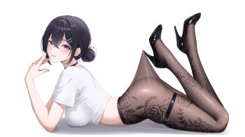 1girl absurdres arisa_(charon_universe) black_choker black_hair black_shoes blue_eyes breasts brown_pantyhose charon_universe choker closed_mouth clothes_pull crop_top from_side hair_bun hair_ornament hairclip hands_up hashtag-only_commentary high_heels highres lace_pantyhose_hooked_on_heel_(meme) large_breasts legs_up long_hair looking_at_viewer looking_to_the_side lying meme myomomoo no_pants on_stomach pantyhose pantyhose_pull pulling_own_clothes shirt shoes short_sleeves simple_background smile solo the_pose thigh_strap virtual_youtuber white_background white_shirt