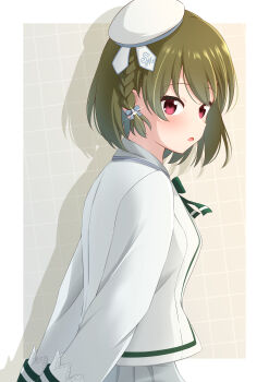 1girl :o absurdres blush border braid commentary_request drop_shadow green_eyes grey_skirt hat highres idolmaster idolmaster_million_live! idolmaster_million_live!_theater_days jacket long_sleeves looking_at_viewer looking_to_the_side mini_hat nagayoshi_subaru nishipalette pleated_skirt red_eyes sgirlk skirt solo upper_body white_border white_hat white_jacket