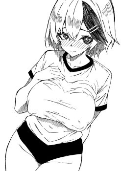 1girl birthmark blush breasts buruma genderswap genderswap_(mtf) gym_shirt gym_uniform hair_ornament hairclip hand_on_own_chest highres large_breasts lineart mothinus multicolored_hair nue_no_onmyouji shirt short_hair short_sleeves sketch solo streaked_hair tight_clothes yajima_gakuro
