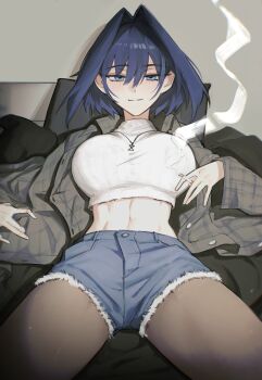 Rule 34 | 1girl, absurdres, blue eyes, blue hair, breasts, cigarette, cowboy shot, cropped sweater, denim, denim shorts, fur-trimmed shorts, fur trim, hair between eyes, hair intakes, highres, holding, holding cigarette, hololive, hololive english, hunk 404, jewelry, light blush, looking at viewer, midriff, navel, necklace, open clothes, ouro kronii, pantyhose, pillow, plaid clothes, short hair, shorts, sitting, smoke, smoke trail, smoking, solo, stomach, sweater, thighs, toned, toned female, virtual youtuber, white sweater