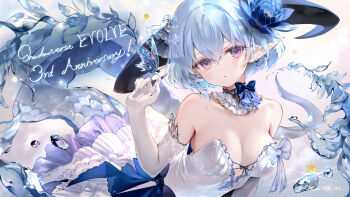 Rule 34 | 1girl, absurdres, animal, animal on hand, anniversary, bare shoulders, black choker, blue bow, blue dress, blue hair, blue theme, bow, breasts, bug, butterfly, choker, cleavage, cygames, dress, elf, flower, frills, hat, highres, holding butterfly, insect, kouyafu, large breasts, light blue hair, long hair, lotus, petals, pointy ears, purple eyes, shadowverse, silver hair, solo, sparkling, sparkling eyes, water, white dress, witch hat