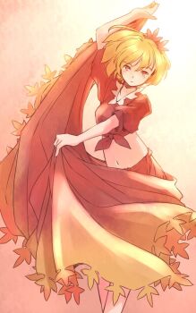 1girl aki_shizuha blonde_hair breasts collar commentary_request cropped_shirt feet_out_of_frame frilled_shirt_collar frills hair_ornament leaf_hair_ornament light_blush long_skirt looking_at_viewer navel one-hour_drawing_challenge orange_background puffy_short_sleeves puffy_sleeves rangycrow red_eyes red_shirt red_skirt serious shirt short_hair short_sleeves skirt skirt_hold small_breasts solo stomach touhou white_collar