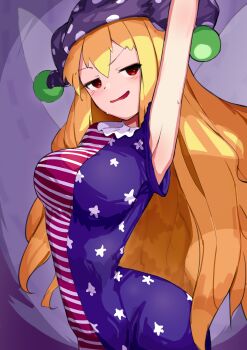 1girl absurdres american_flag_dress american_flag_legwear armpits blonde_hair blush clownpiece dress fairy_wings hat highres jester_cap long_hair looking_at_viewer neck_ruff open_mouth polka_dot red_eyes short_sleeves solo star_(symbol) star_print striped_clothes touhou very_long_hair wings xin_wuwu