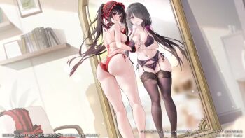 1girl animated ass azur_lane bikini black_bra black_garter_belt black_garter_straps black_hair black_panties black_thighhighs bouncing_ass bouncing_breasts bra breasts butt_crack cleavage clock_eyes curvy date_a_live different_reflection from_behind garter_belt garter_straps hair_over_one_eye heart heterochromia highres huge_ass indoors japanese_text large_breasts lingerie long_hair looking_at_viewer looking_back mirror navel official_art panties parted_lips promotional_art red_bikini red_eyes reflection side-tie_bikini_bottom smile sound stomach swimsuit symbol-shaped_pupils tagme thick_thighs thighhighs thighs tokisaki_kurumi underwear underwear_only very_long_hair video wide_hips