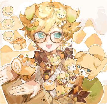 1boy ahoge alternate_costume animal_ears animal_hair_ornament bespectacled blonde_hair blue_eyes brown-framed_eyewear brown_jacket brown_necktie brown_scarf cake chibigurumi chinese_commentary commentary_request dog dog_boy dog_ears dog_tail ensemble_stars! floppy_ears food glasses green_streaks hair_ornament hairclip hands_up harukawa_sora highres jacket long_sleeves male_focus multicolored_hair necktie open_mouth pancake scarf short_hair shuijiao_ren simple_background solo streaked_hair stuffed_toy swiss_roll tail teeth upper_teeth_only white_background yellow_dog