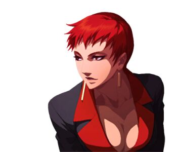 1girl breasts cleavage curvy earrings female_focus formal_clothes huge_breasts jewelry large_breasts red_eyes red_hair short_hair snk suit tan the_king_of_fighters vice_(kof)