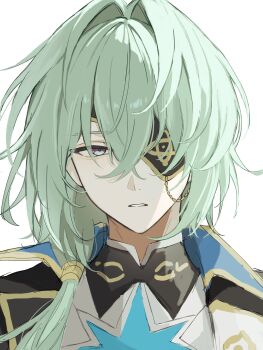 1boy anaxa_(honkai:_star_rail) aqua_hair black_jacket chain commentary eyepatch hair_between_eyes hair_intakes highres hito_kira07 honkai:_star_rail honkai_(series) jacket lapels looking_at_viewer male_focus mandarin_collar medium_hair notched_lapels one_eye_covered parted_lips shirt side_ponytail simple_background solo symbol-only_commentary upper_body white_background white_shirt
