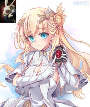 Rule 34 | 1girl, agnes claudel, blonde hair, blue eyes, braid, braided bun, breasts, bun with braided base, cleavage, dress, eiyuu densetsu, gloves, hair bun, highres, kai no kiseki, kuro no kiseki (series), long hair, looking at viewer, low-tied long hair, meme, simple background, time paradox, white dress, white gloves, white rabbit (animal), white rabbit pointing at a clock (meme), willfin