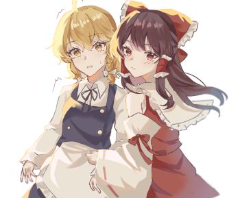 2girls ahoge apron black_vest blonde_hair blush bow braid brown_eyes brown_hair carin_(c_arin1012) closed_mouth collared_shirt detached_sleeves frilled_bow frilled_hair_tubes frills hair_bow hair_tubes hakurei_reimu highres kirisame_marisa long_hair long_sleeves multiple_girls neck_ribbon no_headwear open_mouth red_bow red_skirt ribbon ribbon-trimmed_sleeves ribbon_trim shirt side_braid single_braid skirt skirt_set sweatdrop touhou vest waist_apron white_apron white_bow white_shirt