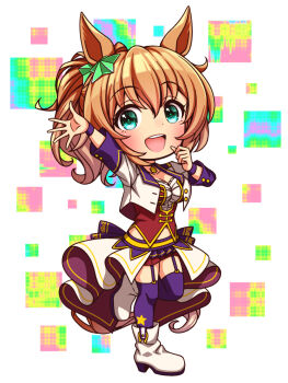 1girl animal_ears blue_eyes blush bodice boots breasts brown_hair chibi chibi_only choker collarbone commentary_request corset cropped_jacket full_body garter_straps hair_between_eyes hair_ornament highres horse_ears horse_girl horse_tail jacket large_breasts long_hair long_sleeves looking_at_viewer midriff_peek navel open_mouth overskirt pendant_choker ponytail purple_choker purple_garter_straps purple_thighhighs red_corset red_shorts shirt shorts smile solo standing standing_on_one_leg star_(symbol) star_hair_ornament starting_future_(umamusume) sugimotty_nova taiki_shuttle_(umamusume) tail teeth thighhighs umamusume upper_teeth_only white_boots white_jacket white_shirt wristband