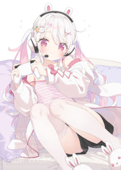 1girl animal_ear_headphones animal_ears animal_hood animal_slippers black_shorts blush bunny_slippers camisole carrot_hair_ornament closed_mouth commentary commentary_request commission controller english_commentary fake_animal_ears food-themed_hair_ornament game_controller hair_ornament hairclip headphones headset highres holding holding_controller holding_game_controller hood hood_down jacket kani_biimu knees_up long_hair long_sleeves multicolored_hair off_shoulder open_clothes open_jacket original pillow pink_hair puffy_long_sleeves puffy_sleeves rabbit_ear_headphones rabbit_ears rabbit_hair_ornament rabbit_hood red_eyes short_shorts shorts sitting skeb_commission slippers solo strap_slip striped_camisole thighhighs twintails two-tone_hair very_long_hair watermark wavy_mouth white_background white_hair white_jacket white_sleeves white_thighhighs x_hair_ornament