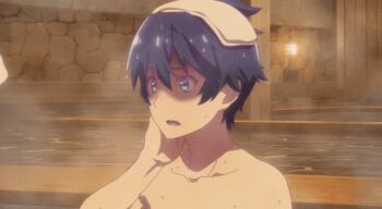 1boy 1girl animated animated_gif ass bath bathroom black_hair blue_eyes gif_artifacts irina_ilukhina kashiwagi_asahi naked_towel nude penis_awe phallic_symbol renai_flops reverse_trap screencap sexually_suggestive shaded_face thighs towel towel_on_head walking