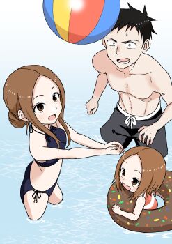 Rule 34 | absurdres, aged up, artist request, ball, beachball, bikini, black hair, brown hair, family, floating, hair bun, halterneck, highres, innertube, karakai jouzu no (moto) takagi-san, karakai jouzu no takagi-san, long hair, nishikata, nishikata chii, open mouth, outstretched arms, short hair, shorts, side-tie bikini bottom, single hair bun, spoilers, standing, swim ring, swimsuit, takagi-san, water