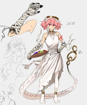 1girl alternate_costume anklet avanes_d bandaged_arm bandages black_claws bowl breasts closed_mouth dated dragon dragon_girl dragon_tail dress fruit_bowl full_body gold_anklet gold_choker gold_halo gold_ring grey_background highres holding holding_bowl horns jewelry kaname_madoka large_breasts looking_at_viewer mahou_shoujo_madoka_magica pink_hair red_ribbon reference_sheet ribbon short_hair short_twintails simple_background sketch smile solo tail twintails white_dress white_horns white_tail