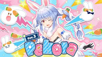 Rule 34 | 1girl, ;d, absurdres, animal ears, bare shoulders, black gloves, black leotard, blue hair, bow, braid, breasts, carrot hair ornament, character name, cleavage, commentary request, detached sleeves, dress, food-themed hair ornament, fur-trimmed dress, fur-trimmed gloves, fur scarf, fur trim, gloves, hair bow, hair ornament, highres, hikimayu, hololive, hololive dreams, leotard, leotard under clothes, long hair, looking at viewer, multicolored hair, official art, one eye closed, open mouth, orange eyes, puffy detached sleeves, puffy short sleeves, puffy sleeves, rabbit-shaped pupils, rabbit ears, rabbit girl, scarf, short eyebrows, short sleeves, sidelocks, small breasts, smile, solo, strapless, strapless leotard, symbol-shaped pupils, teeth, thick eyebrows, twin braids, two-tone hair, upper teeth only, usada pekora, usada pekora (1st costume), virtual youtuber, white bow, white dress, white hair, white scarf, white sleeves