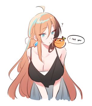 1girl ? ahoge bare_shoulders black_shirt black_streaks blue_eyes breasts cleavage commentary cropped_legs double-parted_bangs english_commentary english_text food fruit grey_skirt hair_between_eyes highres large_breasts living_food long_hair multicolored_hair nrnmarie orange_(fruit) orange_hair original parted_lips shirt simple_background skirt sleeveless sleeveless_shirt solo speech_bubble streaked_hair talking v_arms white_background