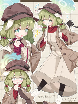 1girl absurdres blue_archive blush book brown_hat brown_jacket full_body green_hair green_halo grin halo hat highres jacket japanese_text pen sasami_(cho_ge_n_ki) smile solo twitter twitter_username yakumo_(blue_archive)