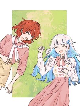 Rule 34 | 2girls, :d, ^ ^, ange katrina, blue hair, bow, bowtie, brown shorts, closed eyes, collared shirt, colored inner hair, commentary, dot nose, grass, hair intakes, hair ornament, hand on own stomach, highres, jewelry, kuang quanshui, lize helesta, long sidelocks, long sleeves, lying, medium hair, multicolored hair, multiple girls, nijisanji, official alternate costume, on back, open mouth, pendant, pink bow, pink bowtie, pink shirt, pink skirt, red hair, scarf, shirt, shirt tucked in, shorts, sidelocks, skirt, sleeves rolled up, smile, two-tone hair, untranslatable commentary, virtual youtuber, white background, white hair, white scarf, white shirt