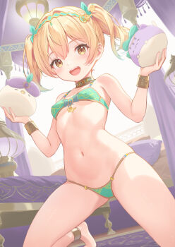 1girl bed blonde_hair bra bracelet breasts curtains gradient_hair green_bra green_hair green_panties hair_intakes hair_ornament highres holding indoors jewelry kneeling looking_at_viewer middle_eastern_architecture multicolored_hair navel original panties rebun short_hair small_breasts smile stomach twintails underwear yellow_eyes