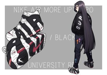 Rule 34 | 1girl, absurdres, black hair, black jacket, black pants, border, casual, closed mouth, commentary request, footwear focus, from behind, full body, grey background, hand in pocket, highres, jacket, jouhou, long hair, long sleeves, looking at viewer, looking back, multicolored shoes, nike (company), origami yukari, outside border, pants, red eyes, shoes, simple background, sneakers, solo, standing, supreme (brand), thick eyebrows, toji no miko, very long hair, white border