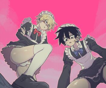 2boys alternate_costume androgynous animal_print apron bags_under_eyes bandage_on_face bandages bear_panties bear_print bike_shorts bike_shorts_under_skirt bishounen black_dress black_eyes black_hair blonde_hair bulge crossdressing crossdressing_(mtf) crossover dress enmaided eyeliner from_below hair_between_eyes high_school_boy highres hong_iltak lee_hoon looking_at_viewer looking_down maid maid_apron maid_headdress makeup male_focus male_maid mary_janes mole mole_on_thigh multiple_boys panties parkgee print_panties red_eyeliner red_eyes sanpaku shoes short_hair suicide_boy sweatdrop thighhighs trap underwear white_panties white_thighhighs