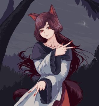 1girl animal_ears brown_hair closed_mouth collarbone commentary dress english_commentary fingernails highres imaizumi_kagerou long_hair long_sleeves looking_at_viewer nukekip pixel_art red_eyes red_nails sharp_fingernails smile solo tail touhou v w white_dress wide_sleeves wolf_ears wolf_girl wolf_tail