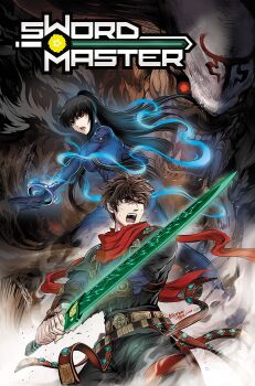 1boy 1girl belt black_hair blue_bodysuit bodysuit brown_eyes brown_hair character_name character_request chen_xiaoyun_(gunji) comic_cover copyright_logo copyright_name cover cover_page english_text highres holding holding_sword holding_weapon ji_shuangshuang lin_lie_(marvel) logo looking_to_the_side marvel monster official_art one_eye_closed open_mouth ponytail red_eyes red_scarf scarf sharp_teeth short_hair sword sword_master_(marvel) teeth weapon