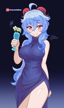 Rule 34 | 1girl, ahoge, arm behind back, bare shoulders, blue hair, breasts, commentary, cup, dot nose, dress, english commentary, flower, ganyu (genshin impact), genshin impact, hair between eyes, high-low dress, highres, holding, holding cup, horns, large breasts, long hair, looking at viewer, raydango, shiny skin, signature, smile, thighs, turtleneck, turtleneck dress